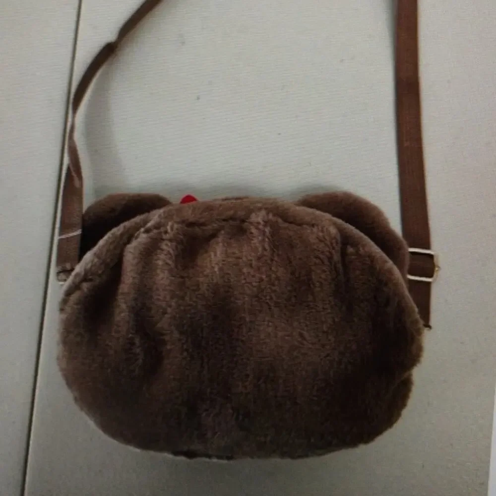 Hello Kitty Plush Faux Fur Crossbody Bag – Brown with Red Bow